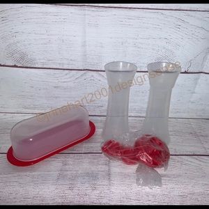 New Tupperware Hourglass Salt & Pepper Shakes 718 & Butter Dish 5080 Red